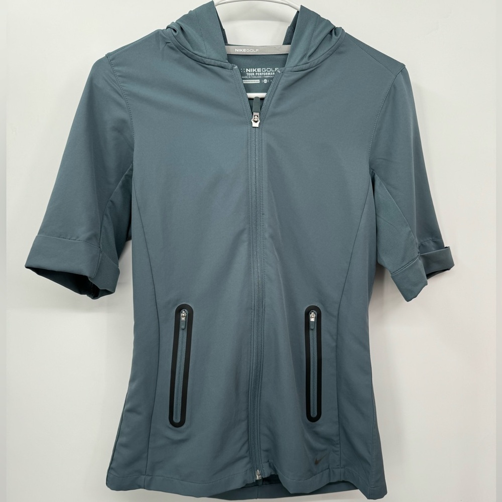 Nike XS Short Sleeve Hoodie Women Gray Blue Golf Tour Performance Full Zip